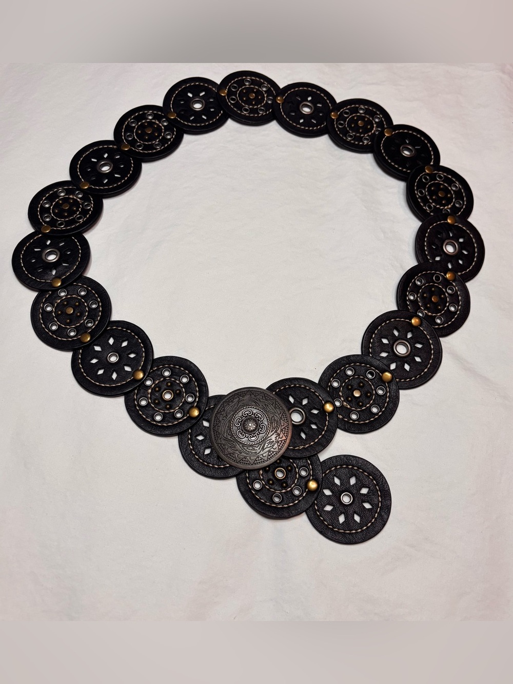 Black Circular Medallion Belt with Brass Accents